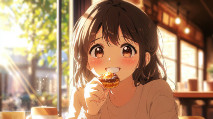 Joyful Anime Girl Enjoying Delicious Pastry in Cozy Cafe