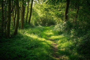 Fototapeta premium Serene Sunlit Forest with Lush Green Undergrowth - Peaceful Woodland Landscape , ai