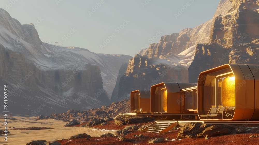 Poster this image showcases a modular habitat on mars, strategically nestled within a serene canyon. the ea
