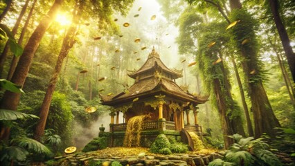 Fototapeta premium Golden Waterfall Cascading from a Pagoda in a Lush Green Forest