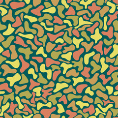 chaotic shapes. vector seamless pattern. autumn colors on blue repetitive background. fabric swatch. wrapping paper. decorative art. continuous design template for textile, linen