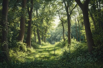 Obraz premium Serene Sunlit Forest with Lush Green Undergrowth - Peaceful Woodland Landscape , ai