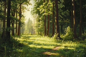 Fototapeta premium Serene Sunlit Forest with Lush Green Undergrowth - Peaceful Woodland Landscape , ai