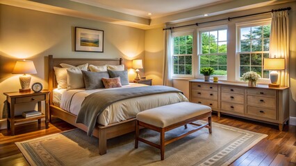 A calming oasis, this bedroom showcases elegant Shaker-style furniture, soft textiles, and warm lighting, creating a