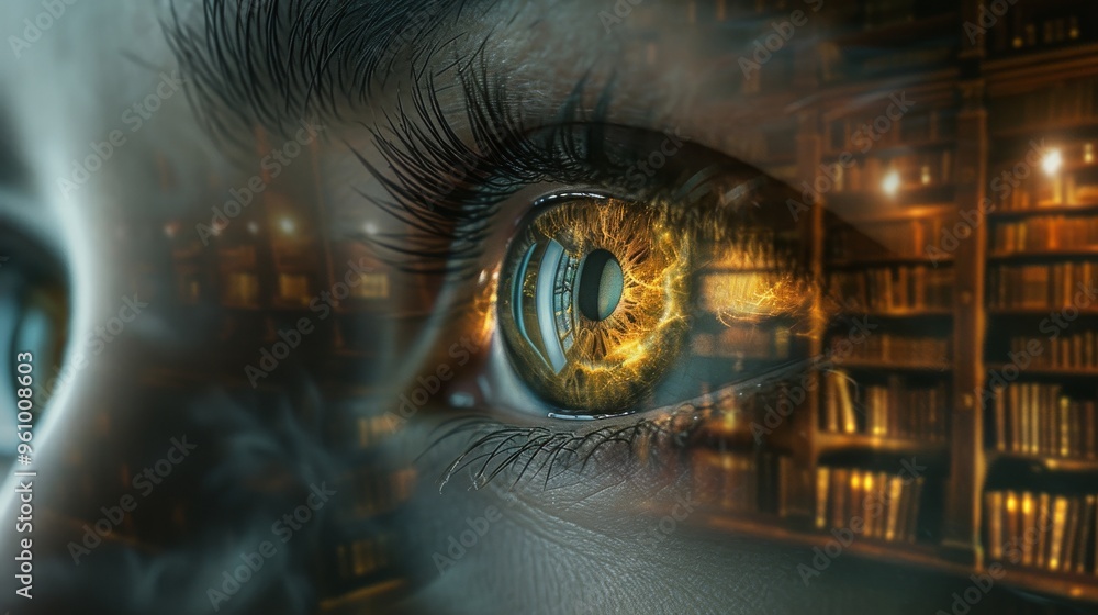 Poster a detailed close-up of an eye reflecting a digital library scene, symbolizing the intersection of kn