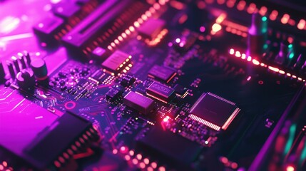 Obraz premium Close-up of a Circuit Board with Neon Lights