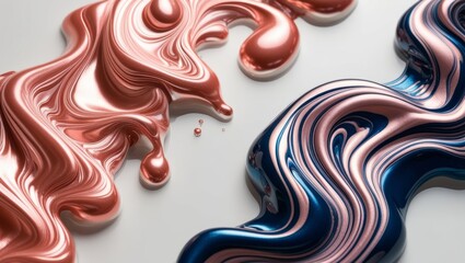 Abstract Swirls of Metallic Paint in Rose Gold and Blue