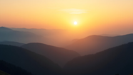 Fototapeta premium Mystical Morning in the Mountain Range Dawn Light Bathing the Serene Hills Golden Sunrise Over Misty Mountain Layers