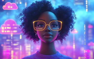 Cloud computing concept featuring African American woman Coco in 3D illustration, using cloud service server for data processing and storage, blogging and mobile app focus