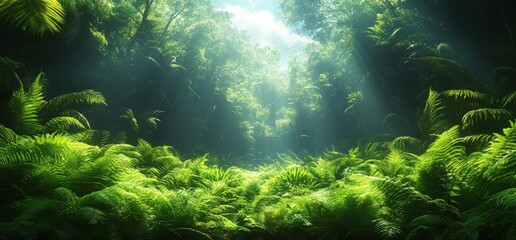 Obraz premium Sunbeams shining through dense tropical foliage in a lush jungle, creating a mystical atmosphere.