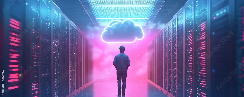 Poster cloud computing concept in flat design, 3d illustration of qadir, male figure, gaining access to clo