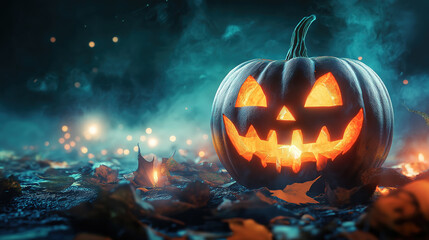 Excellent Two Lit Jack-o'-Lanterns in a Rainy Forest