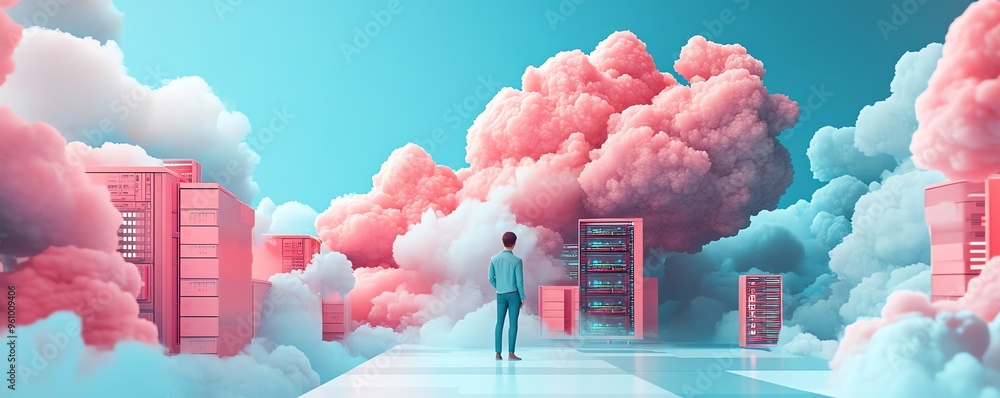 Poster cloud computing concept in flat design, 3d illustration of qadir, male figure, gaining access to clo