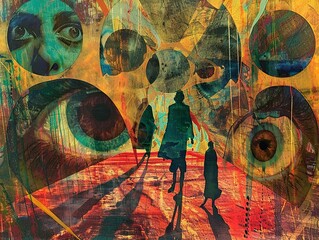 Two figures walk towards a horizon with a surreal backdrop of eyes.