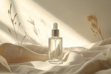 Naklejka premium A clear glass dropper bottle sits on soft fabric, illuminated by gentle light with plant shadows.