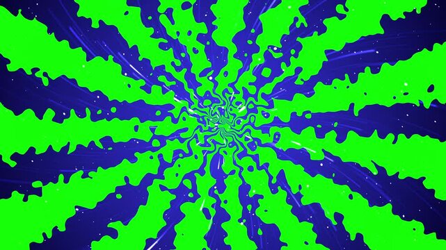 Abstract animation with vibrant green splashes and streaks radiating from the center on a blue background