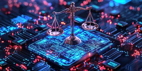 Obraz premium A symbolic representation of justice and technology, featuring a scale of justice on a circuit board, merging law with innovation.