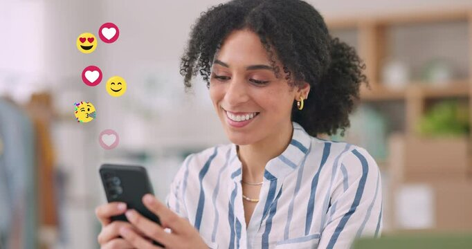 Phone, typing and happy woman with icons on social media for follow, like or review with overlay. Mobile, emoji and person comment online for feedback, post and dating app with influencer in office
