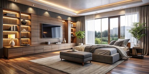 A haven of comfort, the cozy bedroom showcases a contemporary entertainment center supporting a grand screen TV,