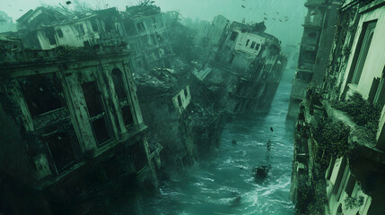 Obraz premium A coastal city submerged under rising sea levels, with half-submerged buildings and streets filled with floating debris as waves crash against the ruins