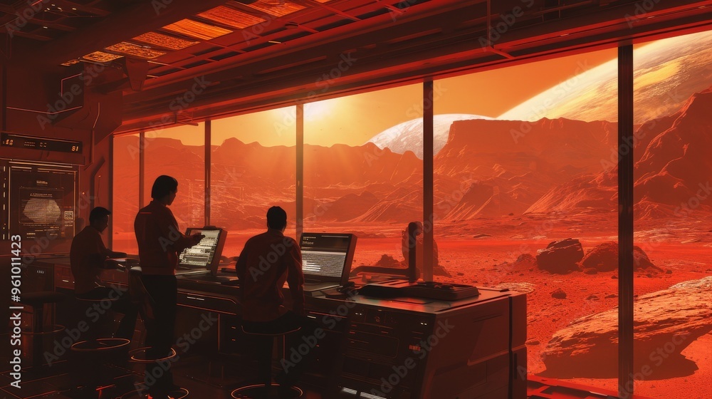 Poster a team of scientists in a high-tech lab situated on an alien planet meticulously analyzes data. the 