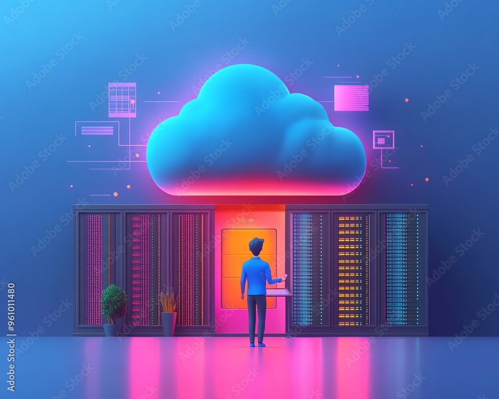 Poster flat design 3d illustration of qadir, male figure, accessing cloud storage and uploading data, cloud