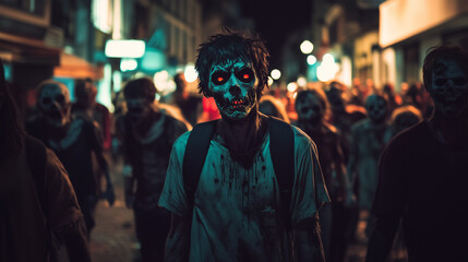 Fototapeta premium World Zombie Day atmosphere on a street full of zombies, dark night atmosphere with the effect of flickering street lights, Ai generated images