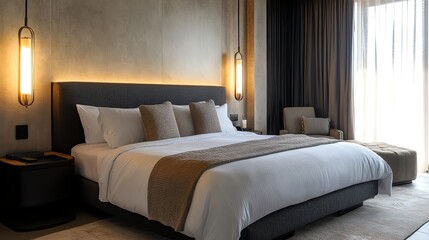 Modern hotel bedroom with a large bed and large windows.