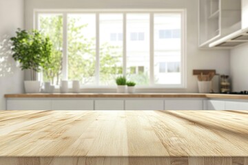 Obraz premium kitchen table background, wood counter top on blur of white clean abstract home interior with bokeh. used for display or montage your wooden for dining background , ai
