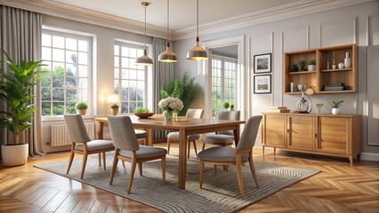A modestly furnished dining room featuring budget-friendly furniture and a simple yet elegant ambiance.
