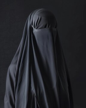Close up portrait of young, adult woman in black burqa with hidden face, isolated on black background.
