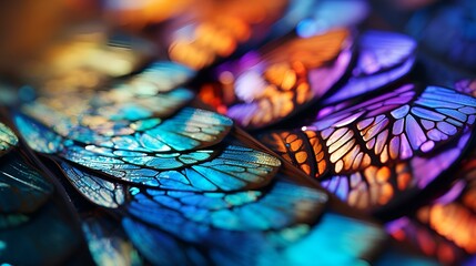 a close up of a colorful butterfly wing. 