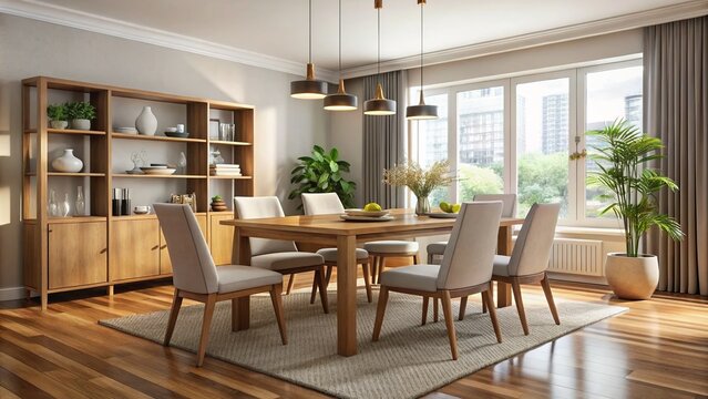 A modestly furnished dining room featuring budget-friendly furniture and a simple yet elegant ambiance.