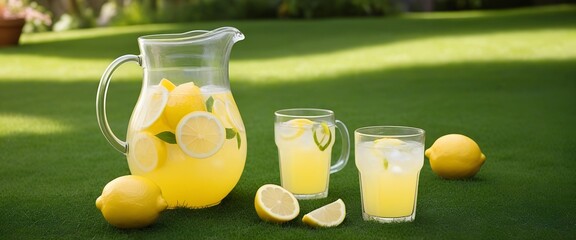 Fresh Lemonade Pitcher on Grass: Vibrant Citrus Display with Lemons