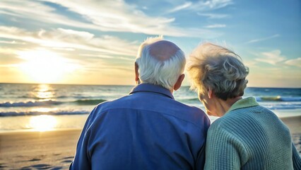 Senior Couple Watching Sunset on the Beach.