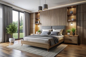 A serene bedroom features a sleek modern bed frame, stylish headboard, and minimalist chest of drawers with clean