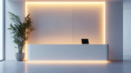 A white reception desk with light strips under the wall and an LED display on it,