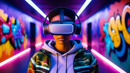 Obraz premium A Young Woman Navigates Virtual Art in an NFT Gallery