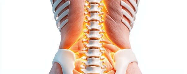 Anatomical illustration of a human spine emphasizing vertebrae and spinal cord with glowing highlights.