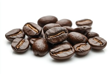 Naklejka premium A close-up of dark roasted coffee beans, showcasing their rich texture and color.