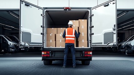A delivery worker organizes boxes in the back of a cargo van at a loading dock, ensuring efficient logistics and safety.