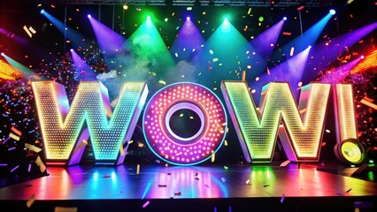 Illuminated "WOW!" Letters with Confetti on a Stage