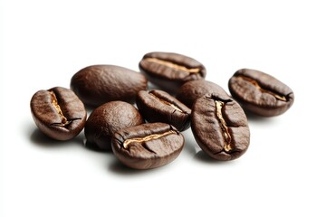 A close-up of roasted coffee beans arranged on a white background.