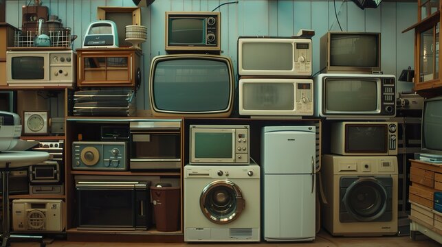 A wall filled with vintage electronic appliances, including televisions, microwaves, radios, and a washing machine.