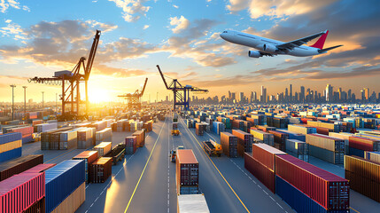 Aerial view of a bustling shipping port at sunset with cargo containers and an airplane flying through a colorful sky.