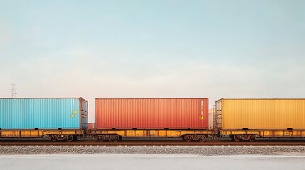 Colorful shipping containers aligned along a railway track against a serene sky. Transport and logistics background.