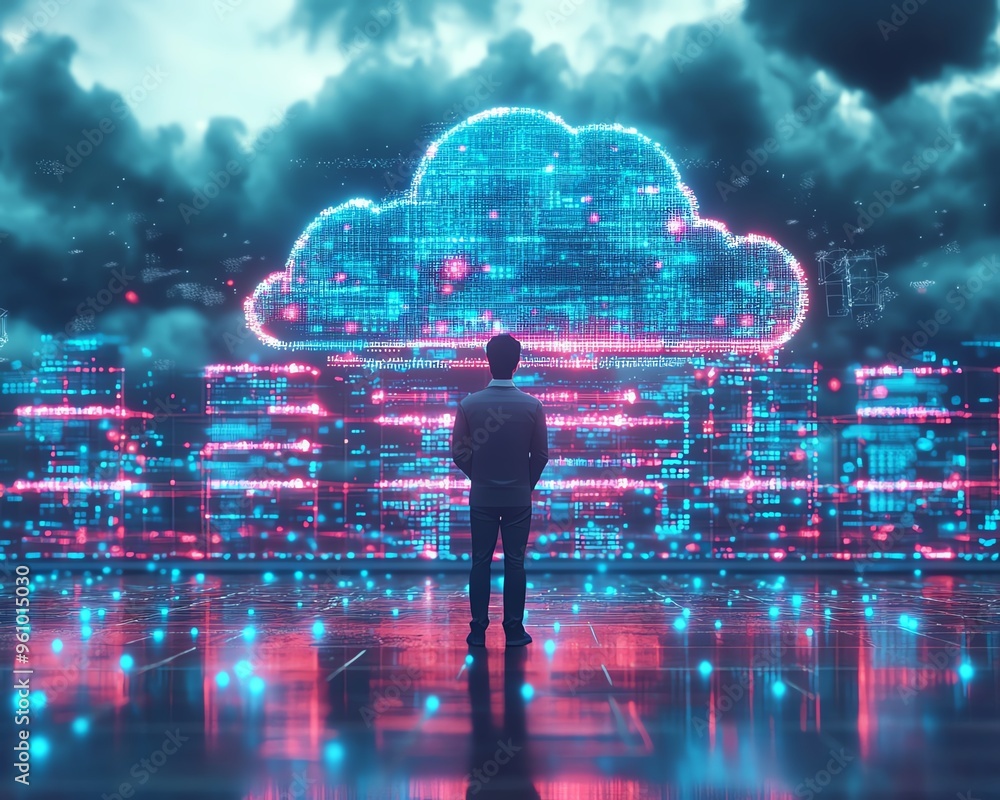 Poster male figure qadir in 3d illustration, big data and cloud computing, using remote servers to analyze 