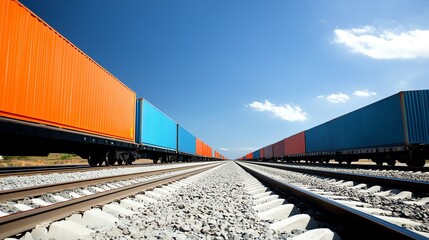 Obraz premium Vibrant cargo train cars lined up on tracks under a clear blue sky, showcasing modern freight transport.