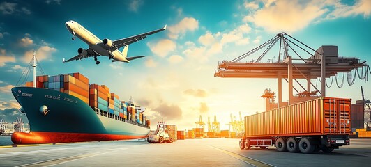 Vibrant scene of a cargo ship, airplane, and container truck at a bustling port during sunset, showcasing global trade dynamics.