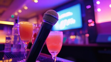 Microphone lying on a table next to drinks, with a karaoke machine and TV screen showing song lyrics